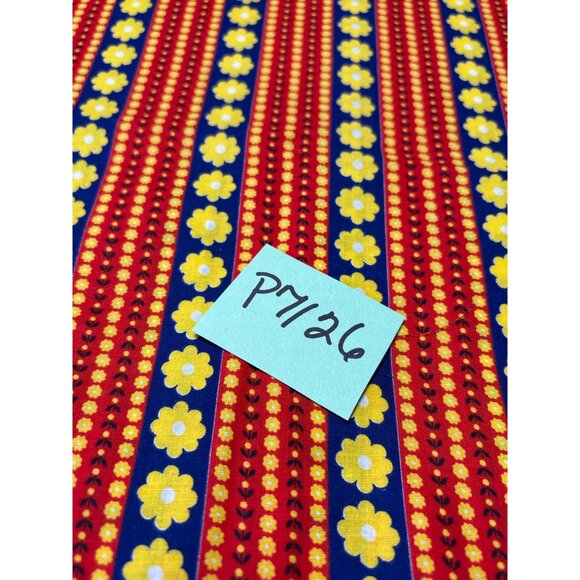 Vintage Red Yellow Floral Striped Cotton Fabric 1 yard + 17" x 17" Sewing Craft - Picture 4 of 4
